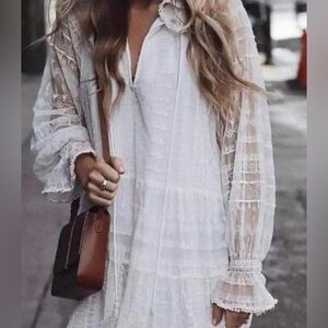 ZARA White Embroidered Boho Mini Dress Medium
